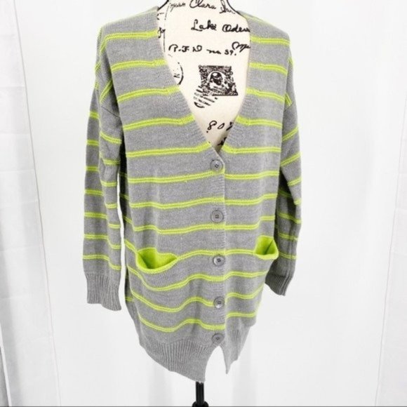 LUSH Button Front Gray & Lime Green Striped Cardigan Sweater with Pocket Small - Picture 1 of 8